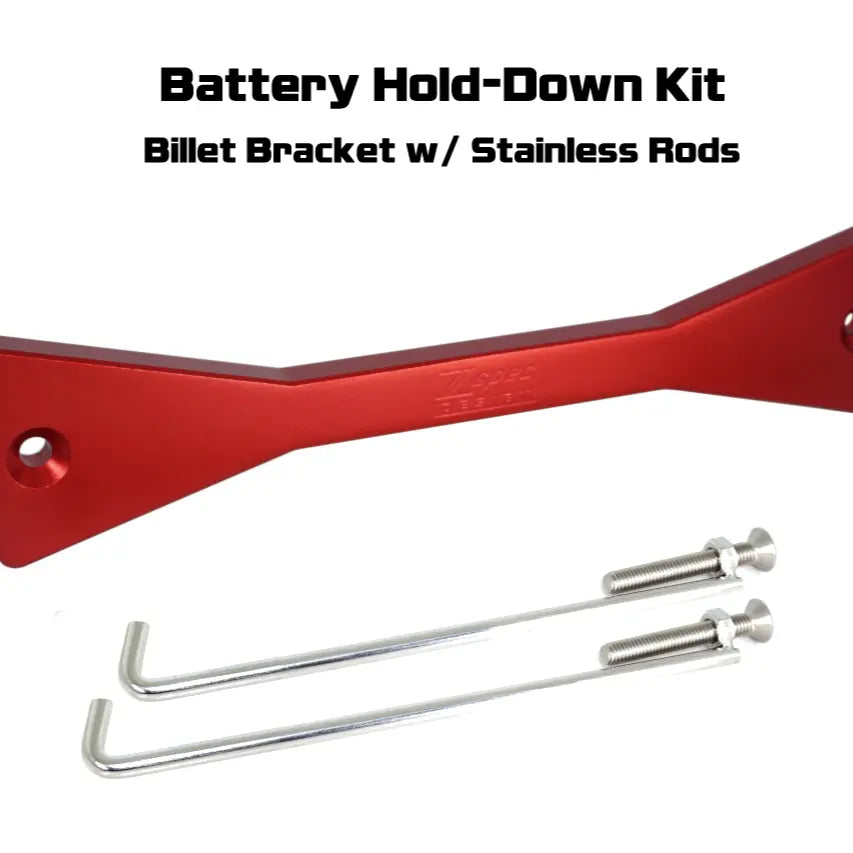 ZSPEC Design billet battery hold down bracket with stainless hardware for Datsun Z and ZX cars, red finish with no etch.