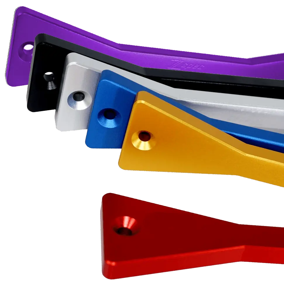 Red ZSPEC Design billet battery hold down bracket with stainless hardware for Nissan Z32 300ZX 90-96, secure and durable engine bay component.