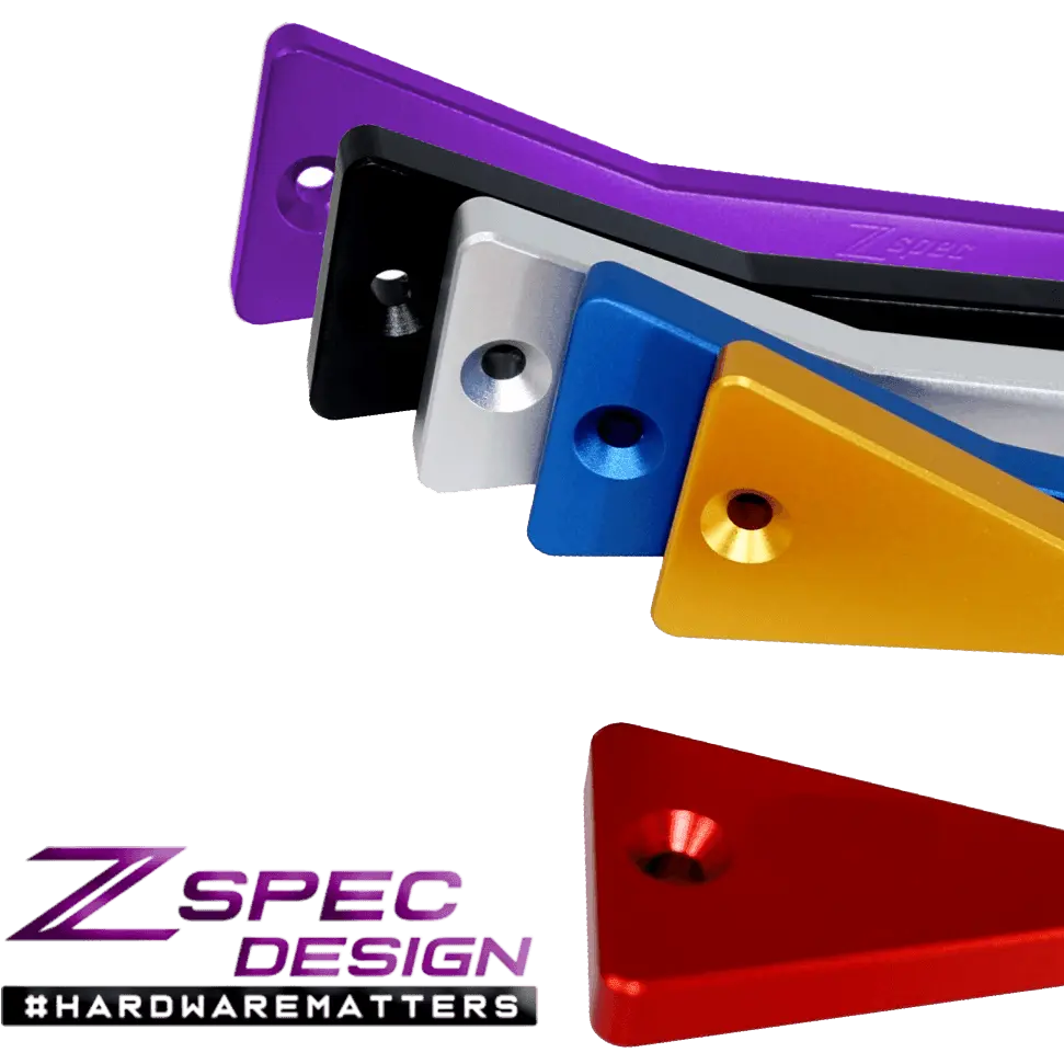 ZSPEC billet battery hold down bracket with stainless hardware for 90-96 Nissan Z32 300ZX, designed for secure engine bay mounting.