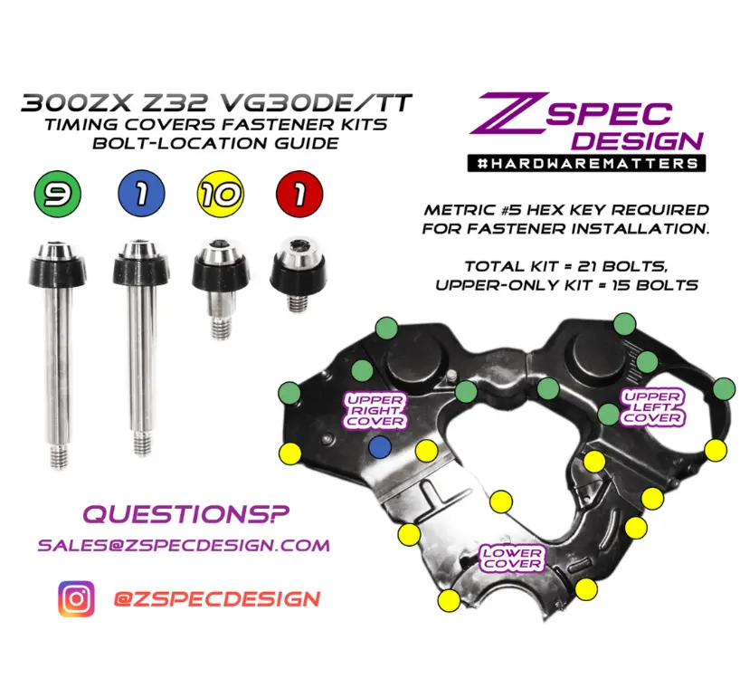 Silver ZSPEC Design shoulder-bolt timing cover fasteners with red bushings for Nissan 300ZX Z32, made of titanium.