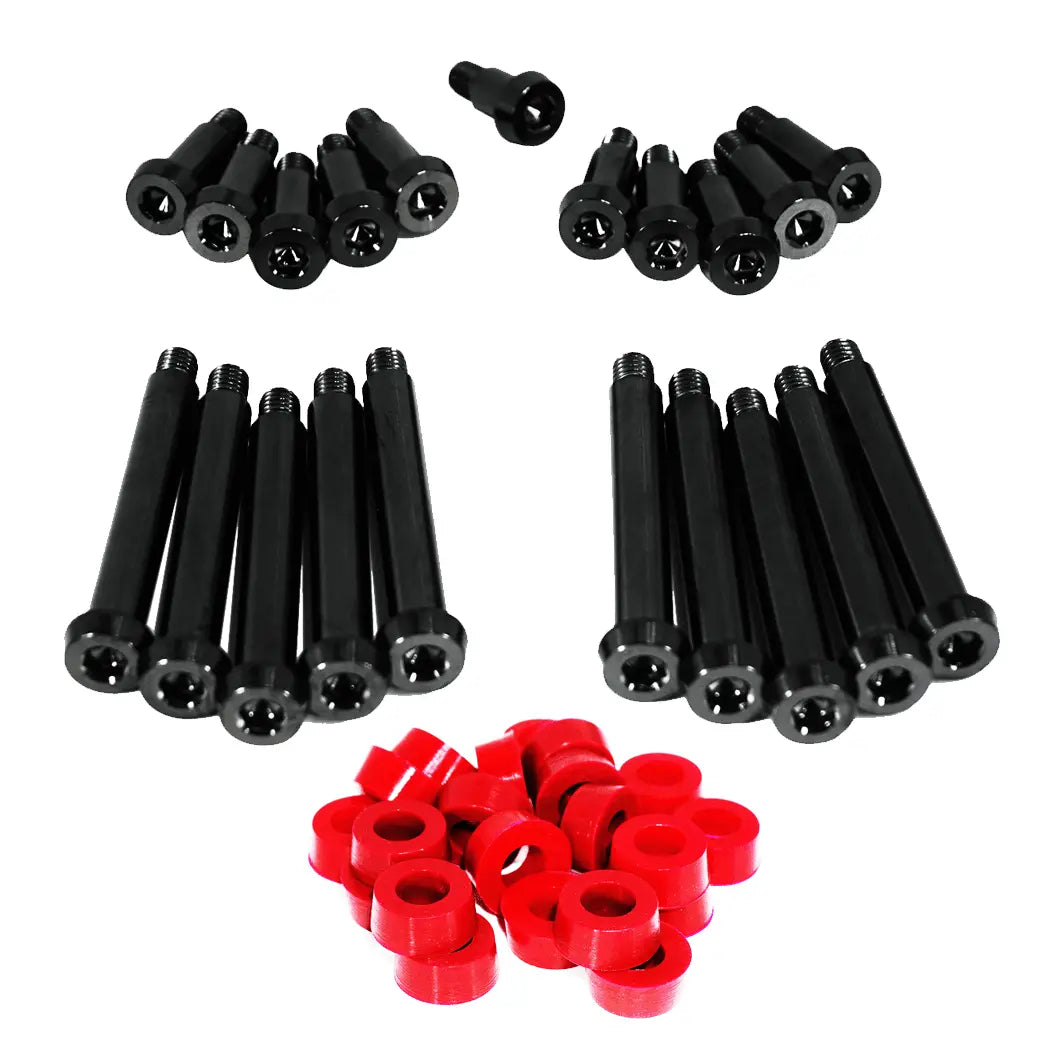 ZSPEC titanium shoulder-bolt timing cover fasteners with red bushings for Nissan 300ZX Z32 engine, high-performance automotive parts