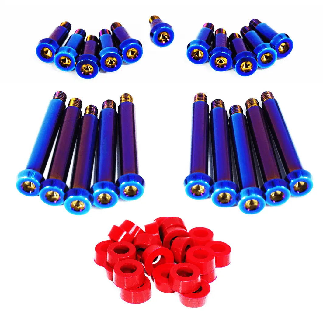 ZSPEC titanium shoulder-bolt timing covers fasteners with red bushings for Nissan 300ZX Z32 engine upgrade.