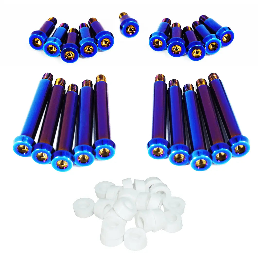 ZSPEC titanium shoulder-bolt timing cover fasteners with red bushings for Nissan 300ZX Z32 engine repair or customization.