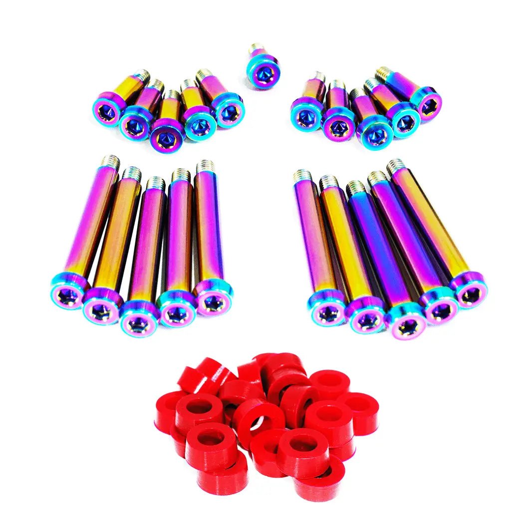 ZSPEC Design titanium shoulder-bolt timing cover fasteners with red bushings for Nissan 300ZX Z32 engine maintenance.