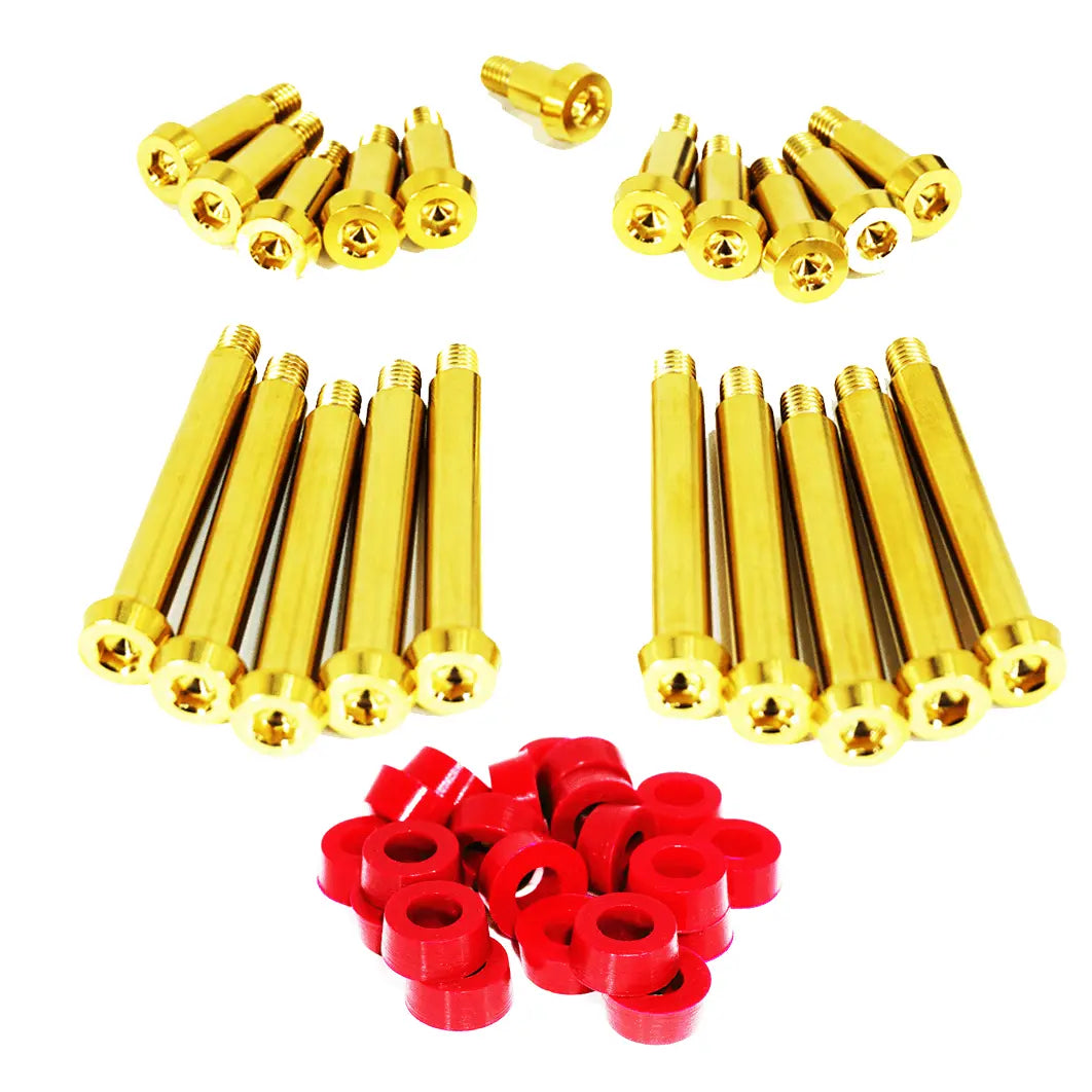 ZSPEC Design titanium shoulder-bolt timing covers fasteners with red bushings for Nissan 300ZX Z32 engine.