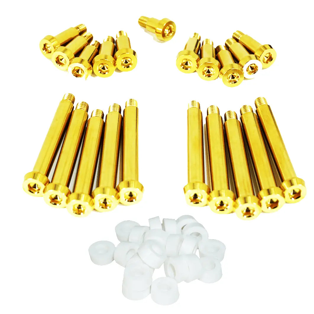 ZSPEC Design titanium shoulder-bolt timing cover fasteners with red bushings for Nissan 300ZX Z32 engine upgrade