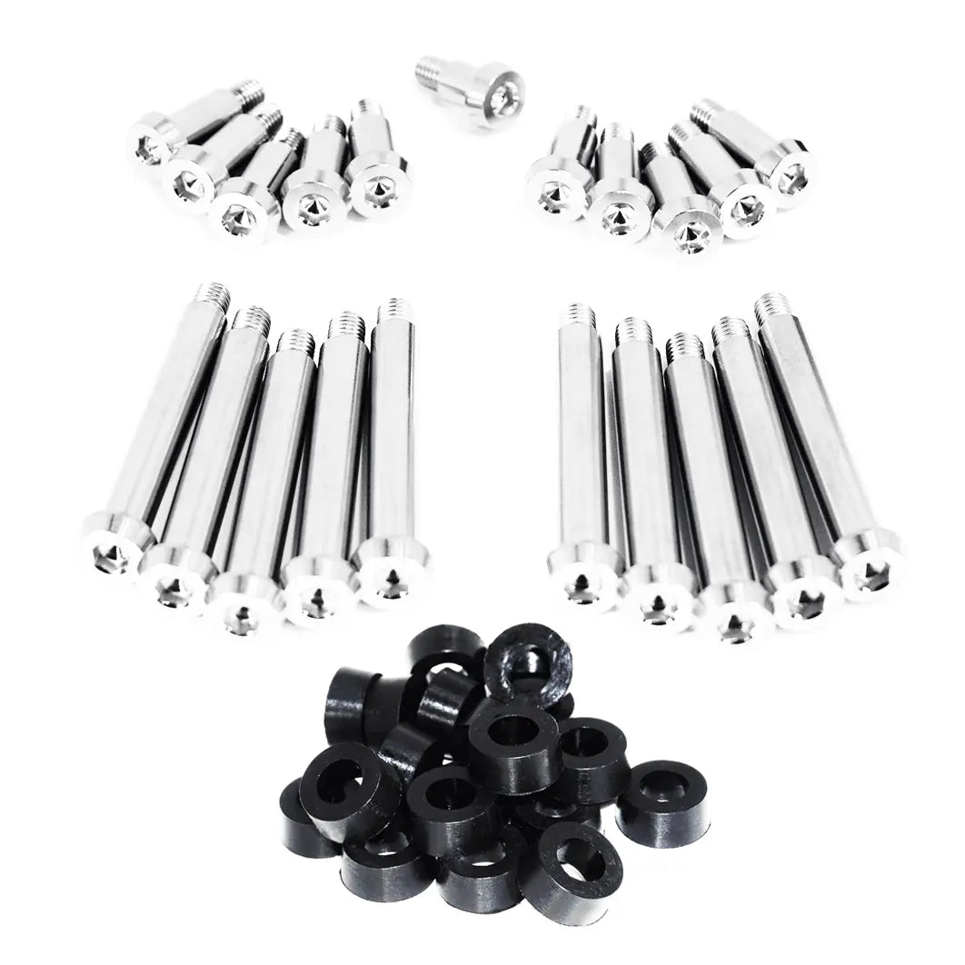 ZSPEC titanium shoulder-bolt timing cover fasteners with red bushings for Nissan 300ZX Z32 engine.