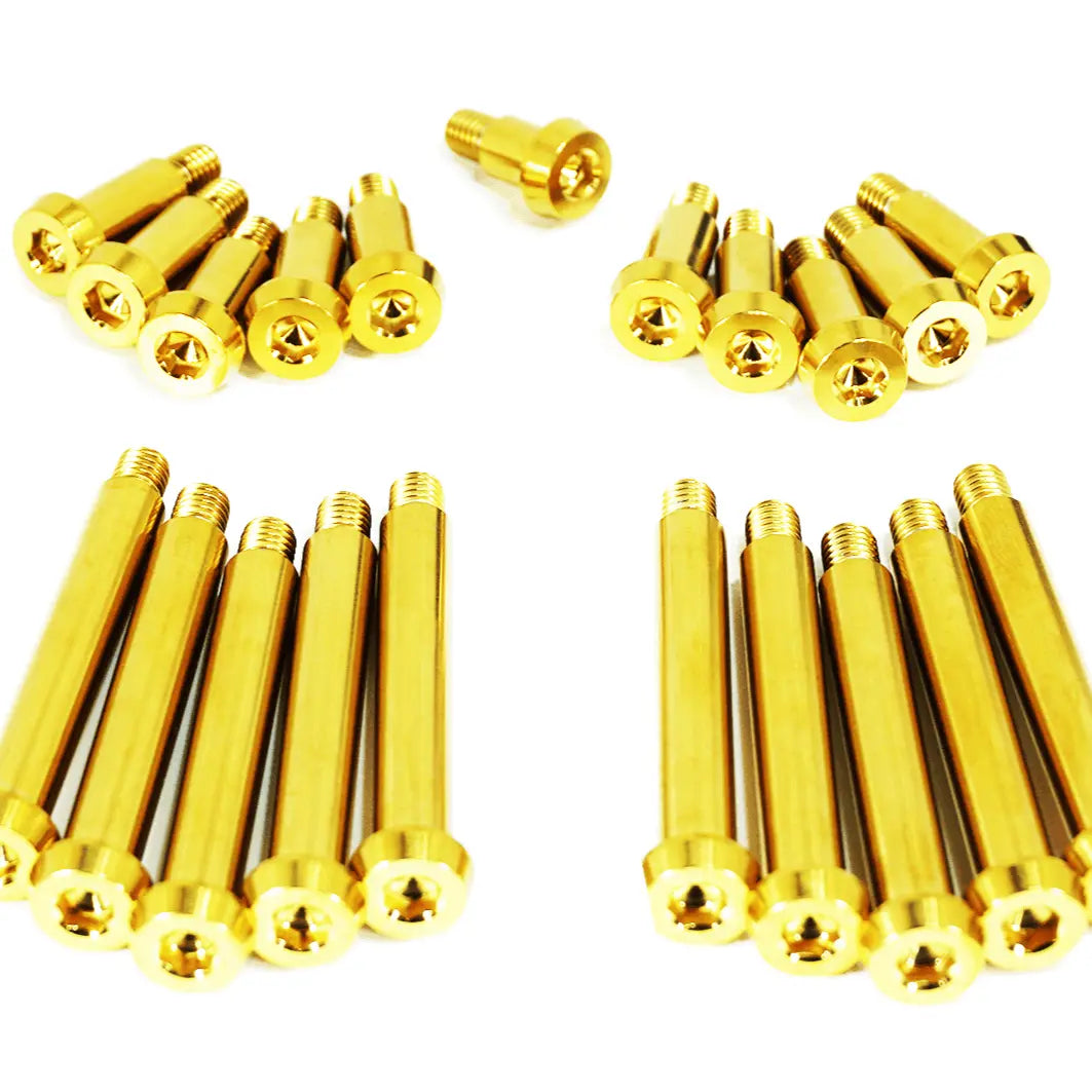 ZSPEC Design titanium shoulder-bolt timing cover fasteners with red bushings for Nissan 300ZX Z32 engine repair.