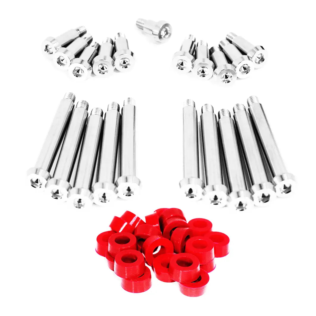 ZSPEC Design titanium shoulder-bolt timing cover fasteners with red bushings for Nissan 300ZX Z32 engine.