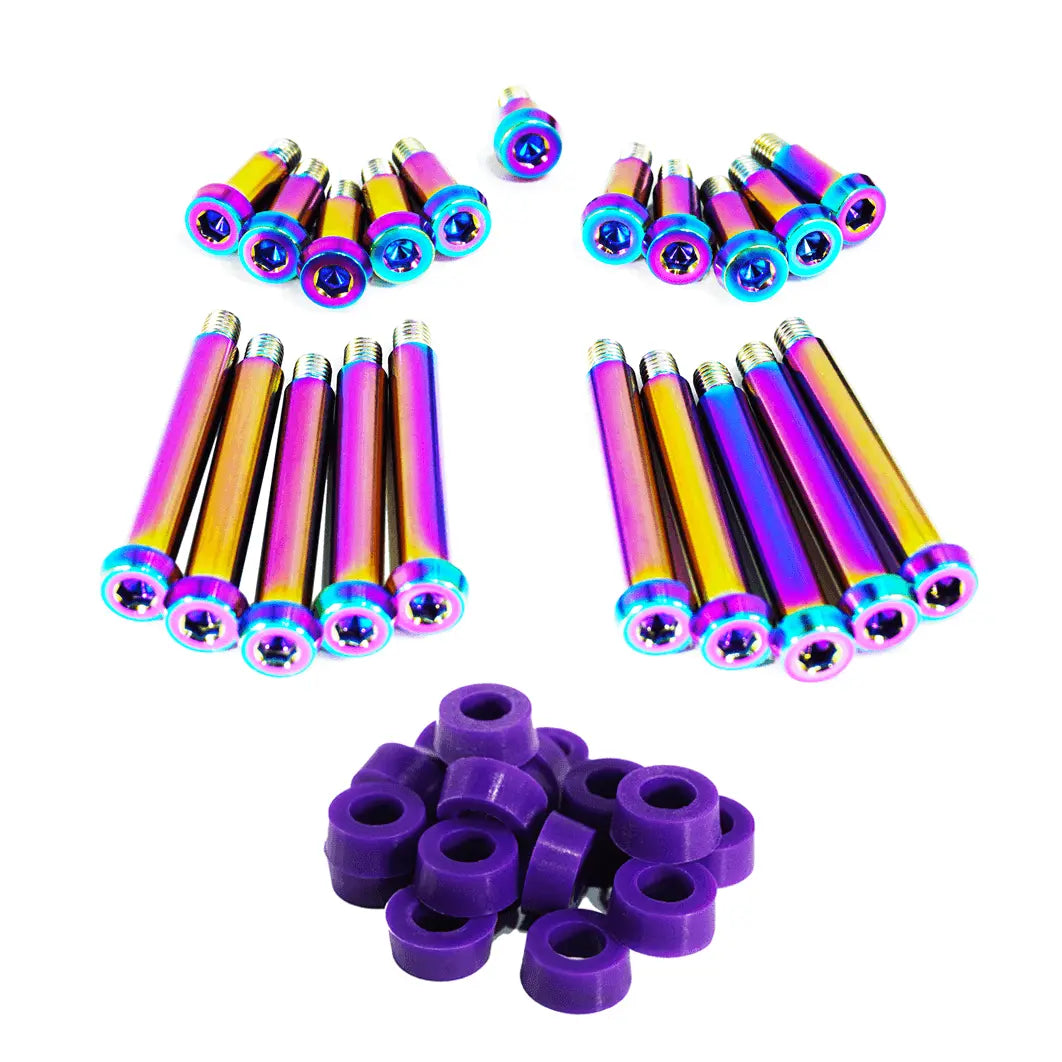 ZSPEC Design titanium shoulder-bolt timing cover fasteners with red bushings for Nissan 300ZX Z32 engine.
