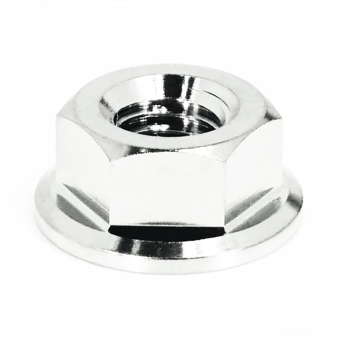 Silver ZSPEC Design M8-1.25 titanium Grade-5 flare nut for automotive or mechanical applications, shown from a side angle.