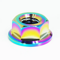 Silver ZSPEC M8-1.25 metric flare nut made of titanium Grade 5, shown in close-up on a plain background