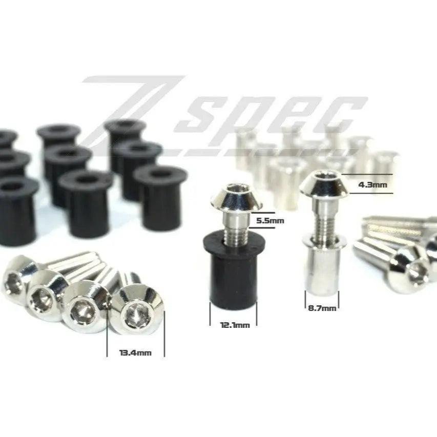 Set of 10 ZSPEC Design M6x25mm titanium shank shoulder bolts and rivet nuts, stainless steel construction, in a compact package.