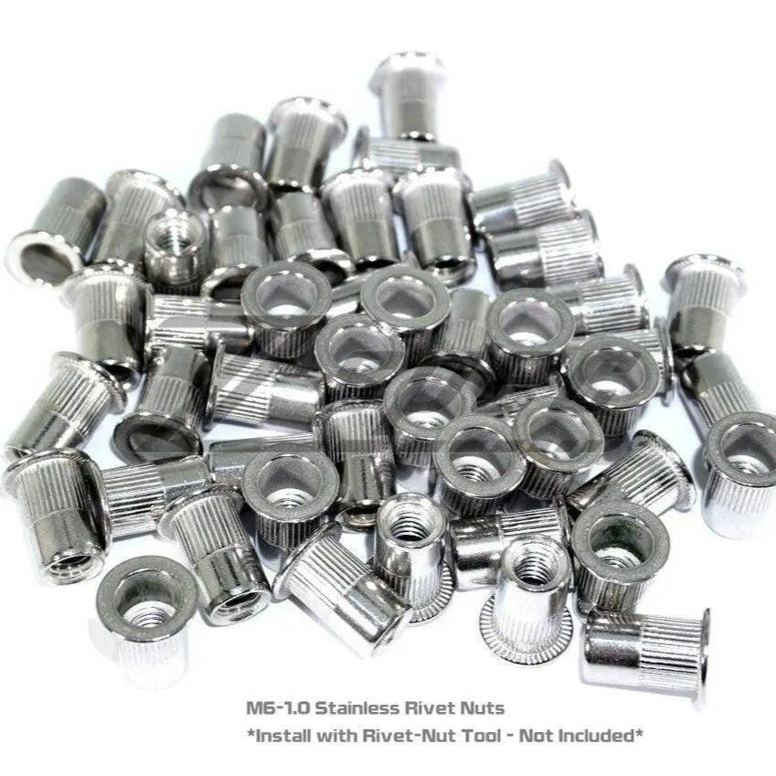 Set of 10 ZSPEC Design M6x25mm titanium shank/shoulder bolts with well or rivet nuts, showcasing the bolts and nuts on a white background.