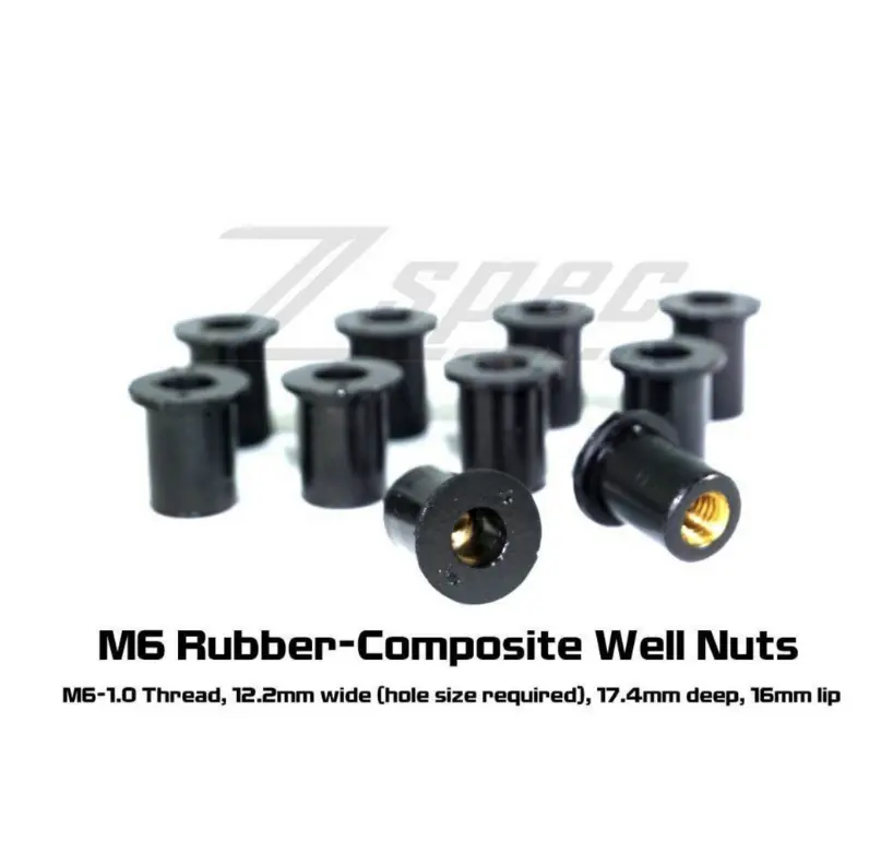 Set of 10 ZSPEC Design titanium M6x25mm shank shoulder bolts and rivet nuts, stainless steel, with well or rivet nut features.