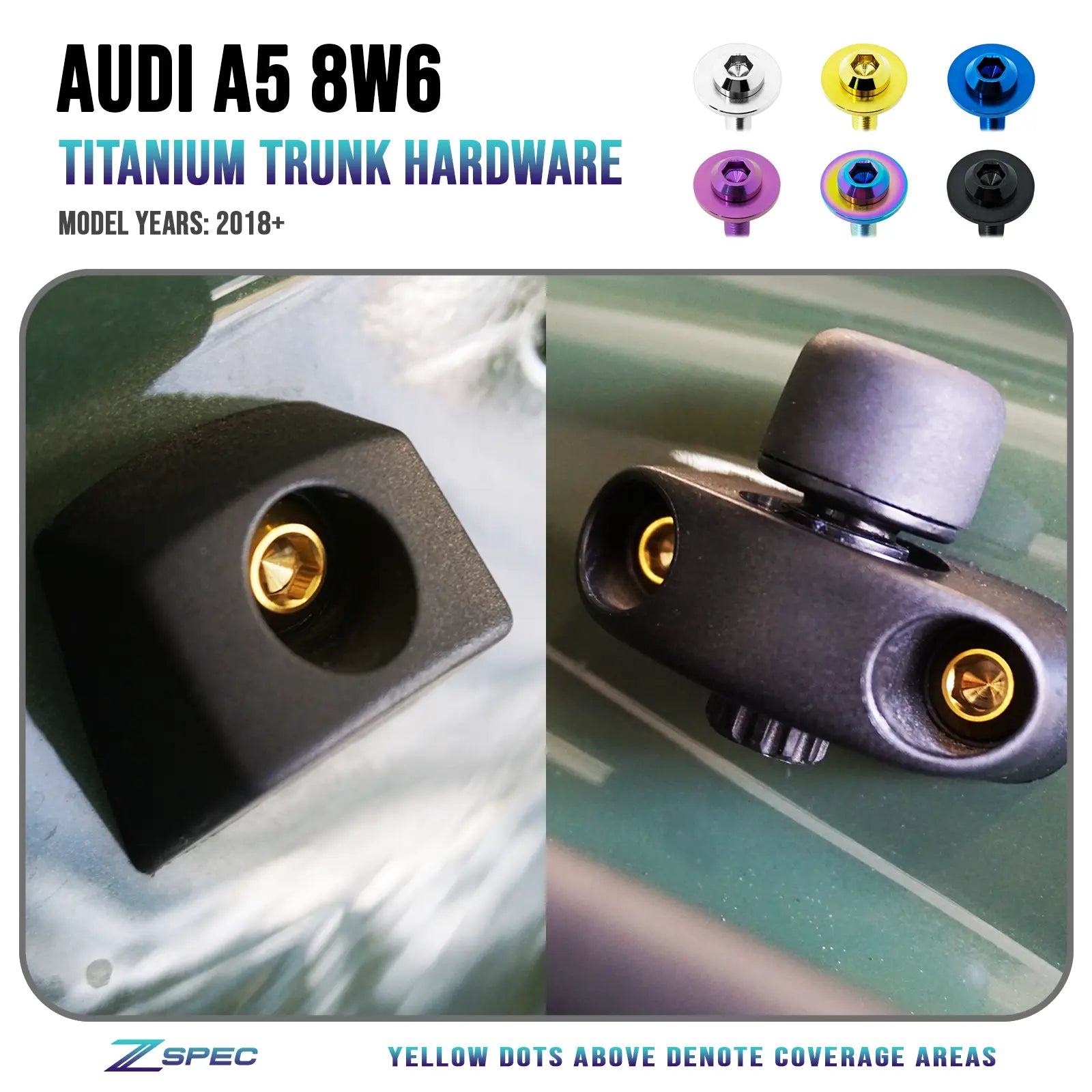ZSPEC Dress Up Bolts titanium trunk fastener kit for 2018-2023 Audi A5 8W6 2.0L, automotive hardware fasteners.