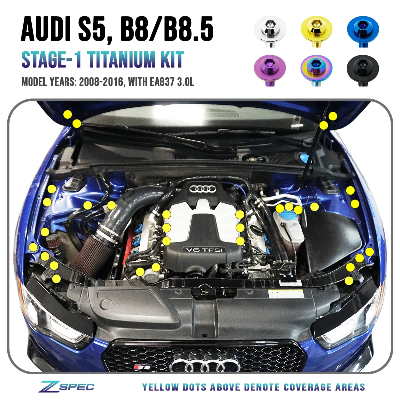 ZSPEC "Stage 1" Dress Up Bolts® Titanium fastener kit for Audi S5 B8 EA837 3.0L, featuring hardware fasteners and titanium finish.
