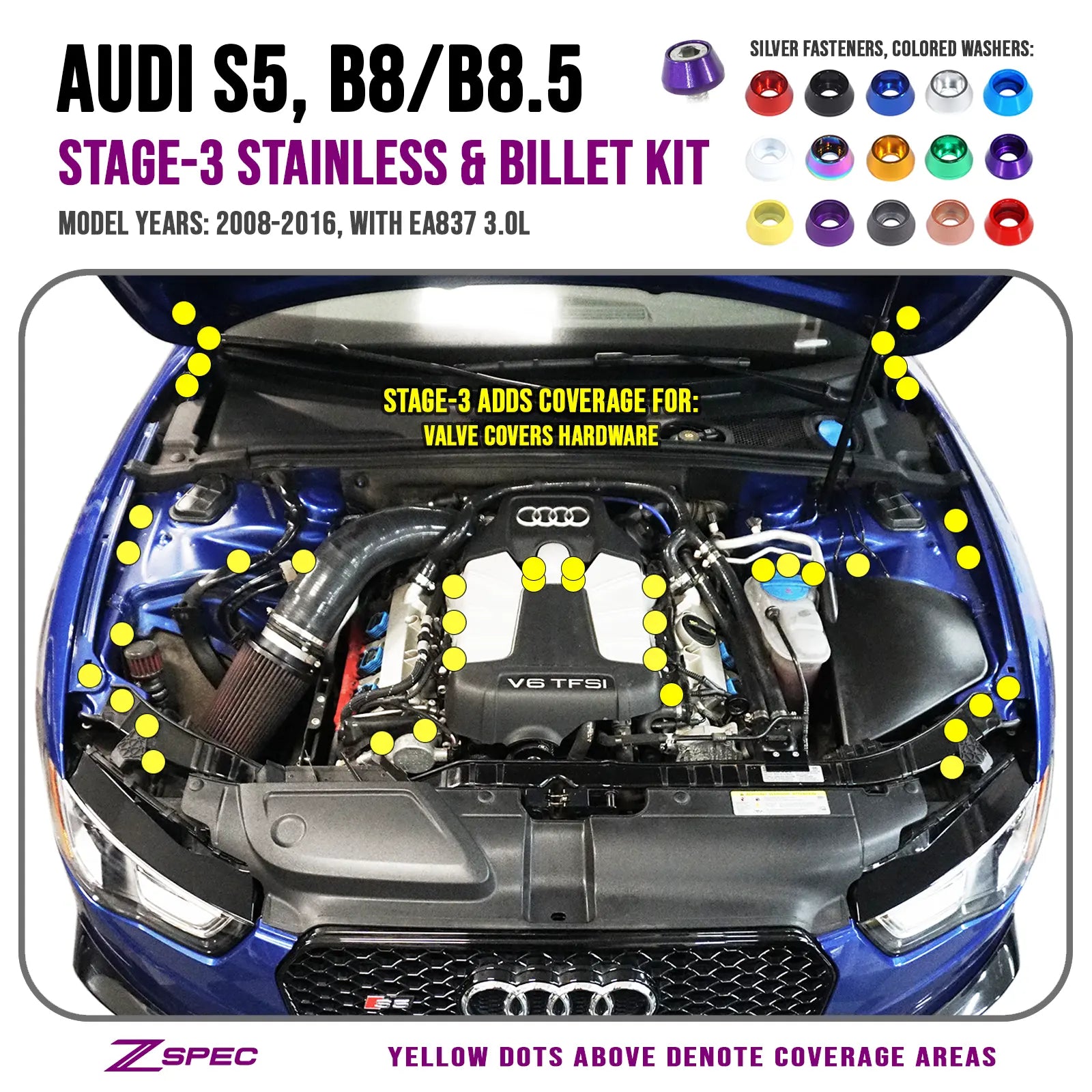 ZSPEC "Stage 3" Dress Up Bolts® fastener kit for Audi S5 B8 3.0L, stainless steel and billet hardware fasteners, close-up of fasteners.