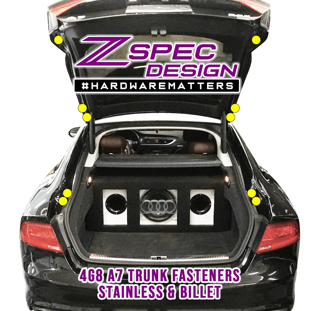 ZSPEC Dress Up Bolts® trunk fastener kit for 2012-2018 Audi A7, stainless steel and billet hardware fasteners.
