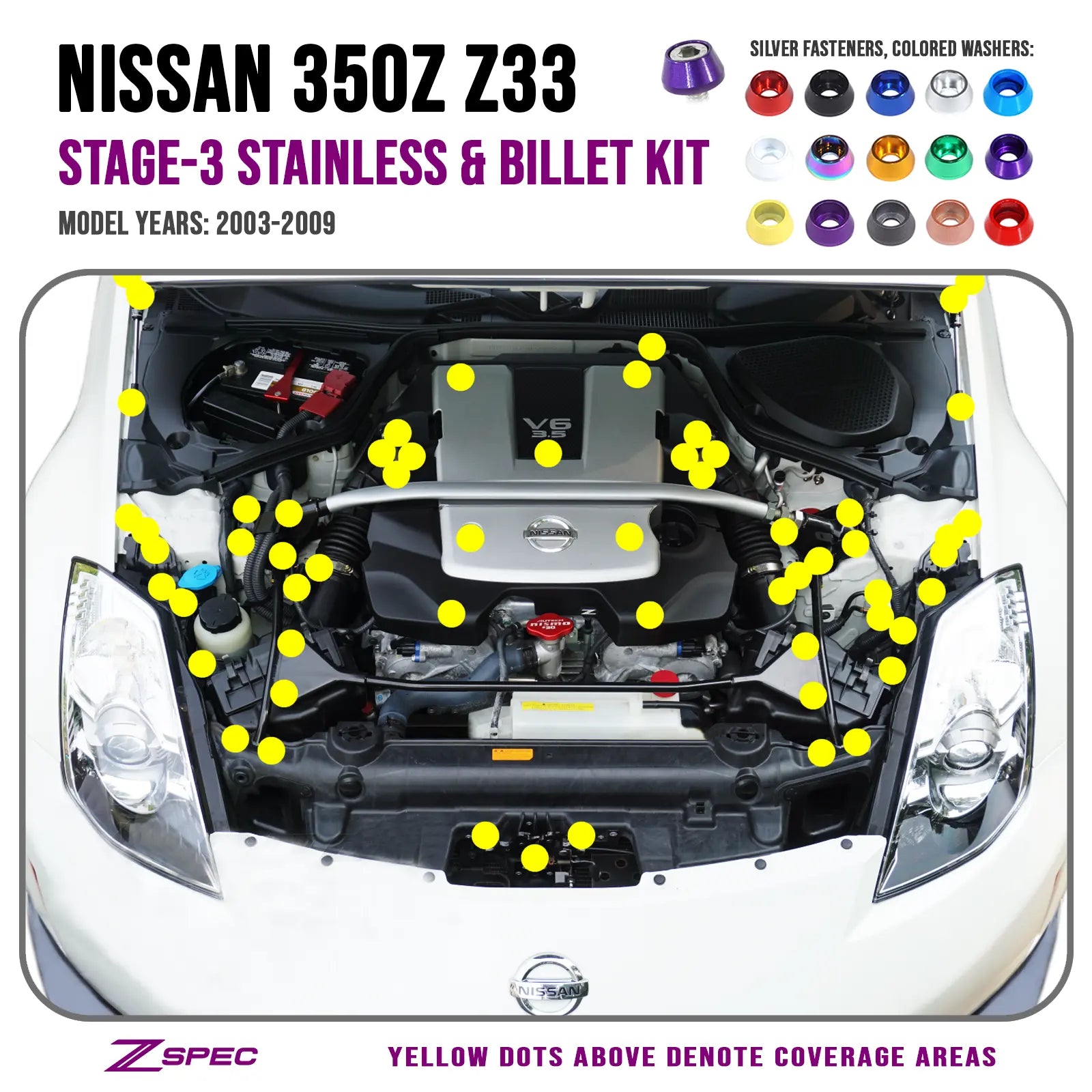 ZSPEC Stage 3 Dress Up Bolts kit for Nissan 350z, OEM-length stainless and billet plenum bolts for engine customization.