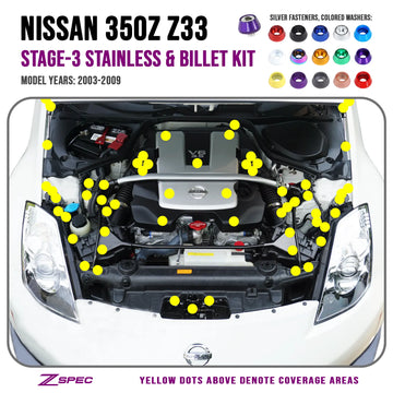 ZSPEC Stage 3 Dress Up Bolts kit for Nissan 350z, OEM-length stainless and billet plenum bolts for engine customization.