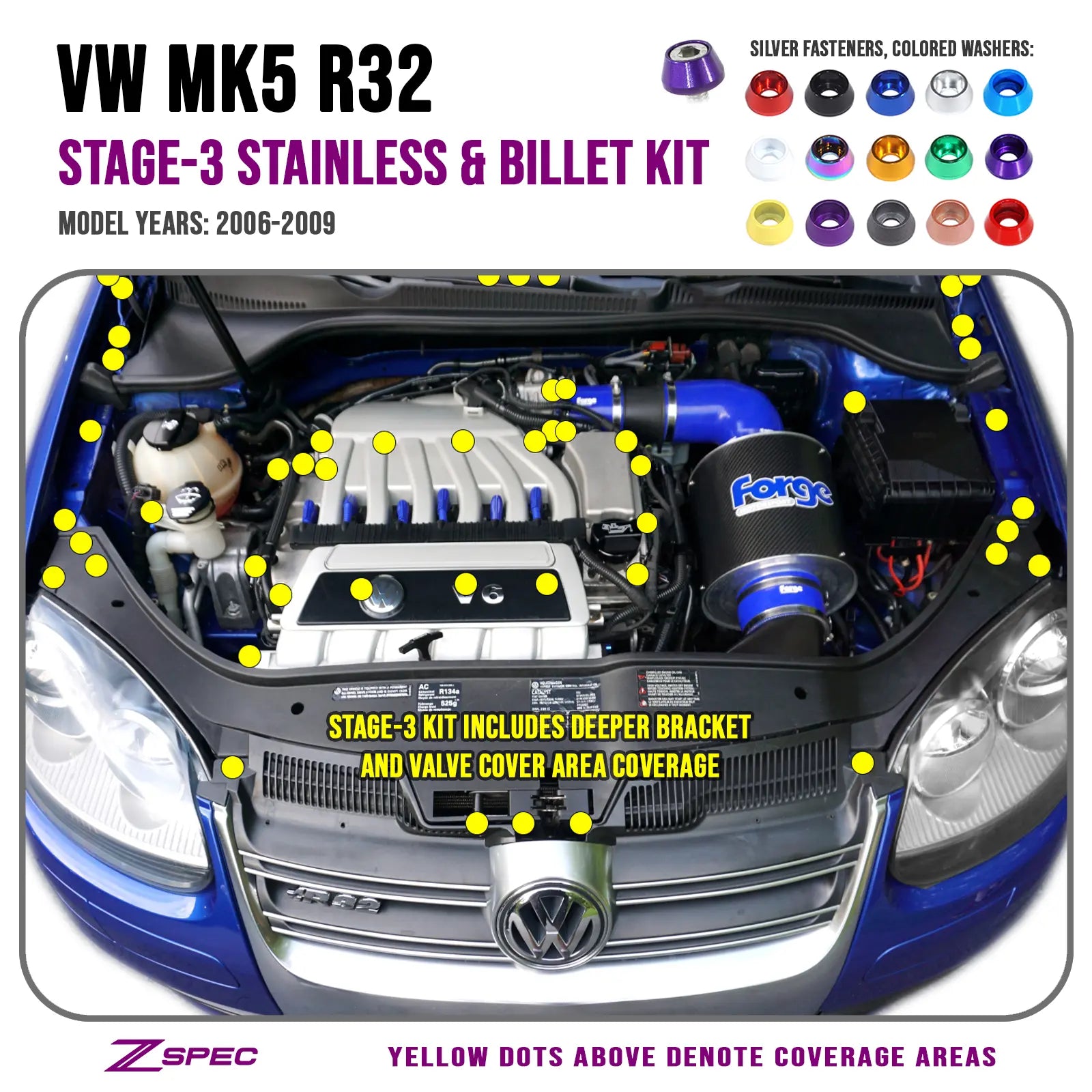 ZSPEC Stage 3 Dress Up Bolts Kit for 2006-2009 VW Golf R32 MK5, stainless steel and billet fasteners, detailed close-up image