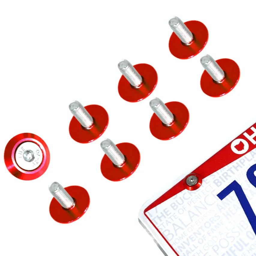 Set of 8 ZSPEC Design stainless steel license plate bolts with billet washers, fender-style, M6-1.0 size for secure mounting.