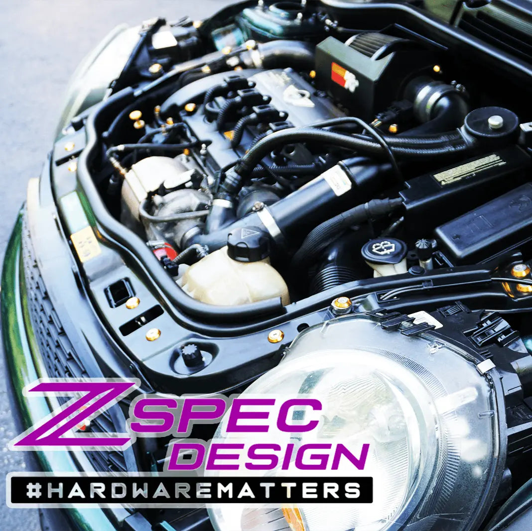 ZSPEC Stage 3 Dress Up Bolts Fastener Kit for Mini R56 Hatch, stainless steel and billet, with fasteners and hardware for car customization.