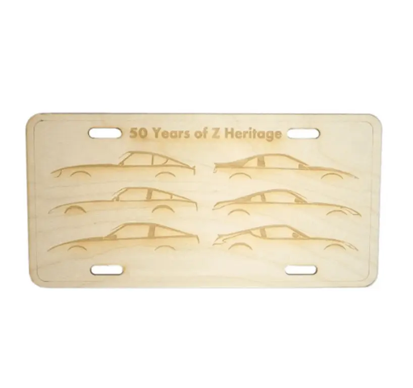 ZSPEC Design Nissan Z-Car silhouettes ornamental license plate in birch wood with engraved Z-Car images for decorative use.